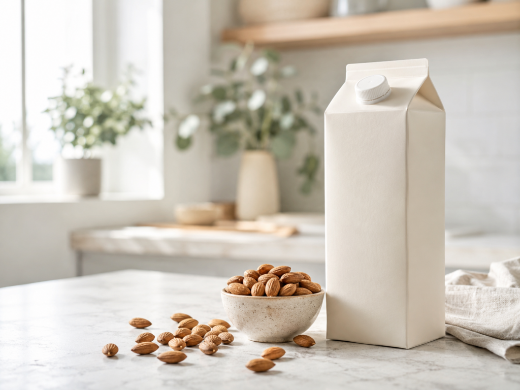 Milchpackung und Mandeln