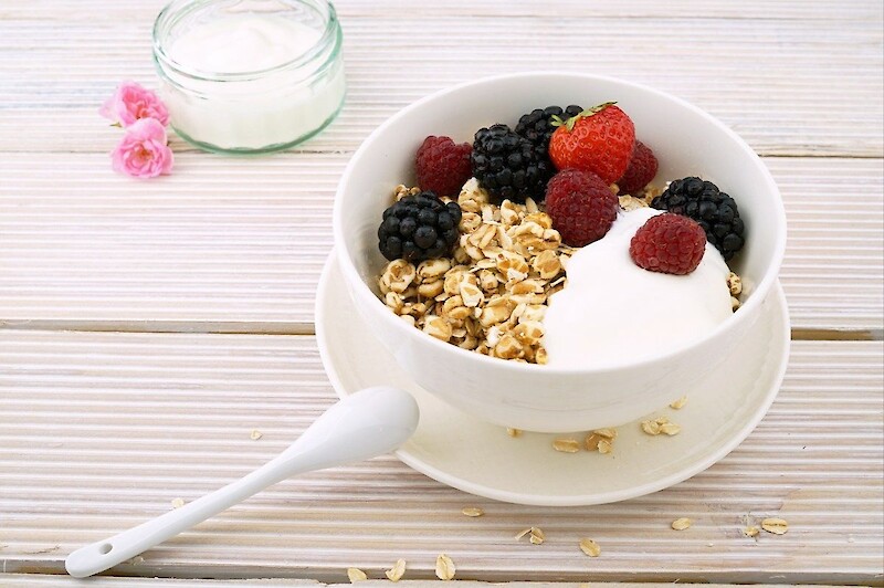 Vollkorn-Müsli mit Joghurt und frischem Obst am Frühstücksbuffet